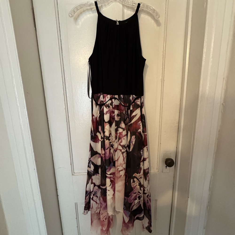 SLNY Black and Floral Midi Dress